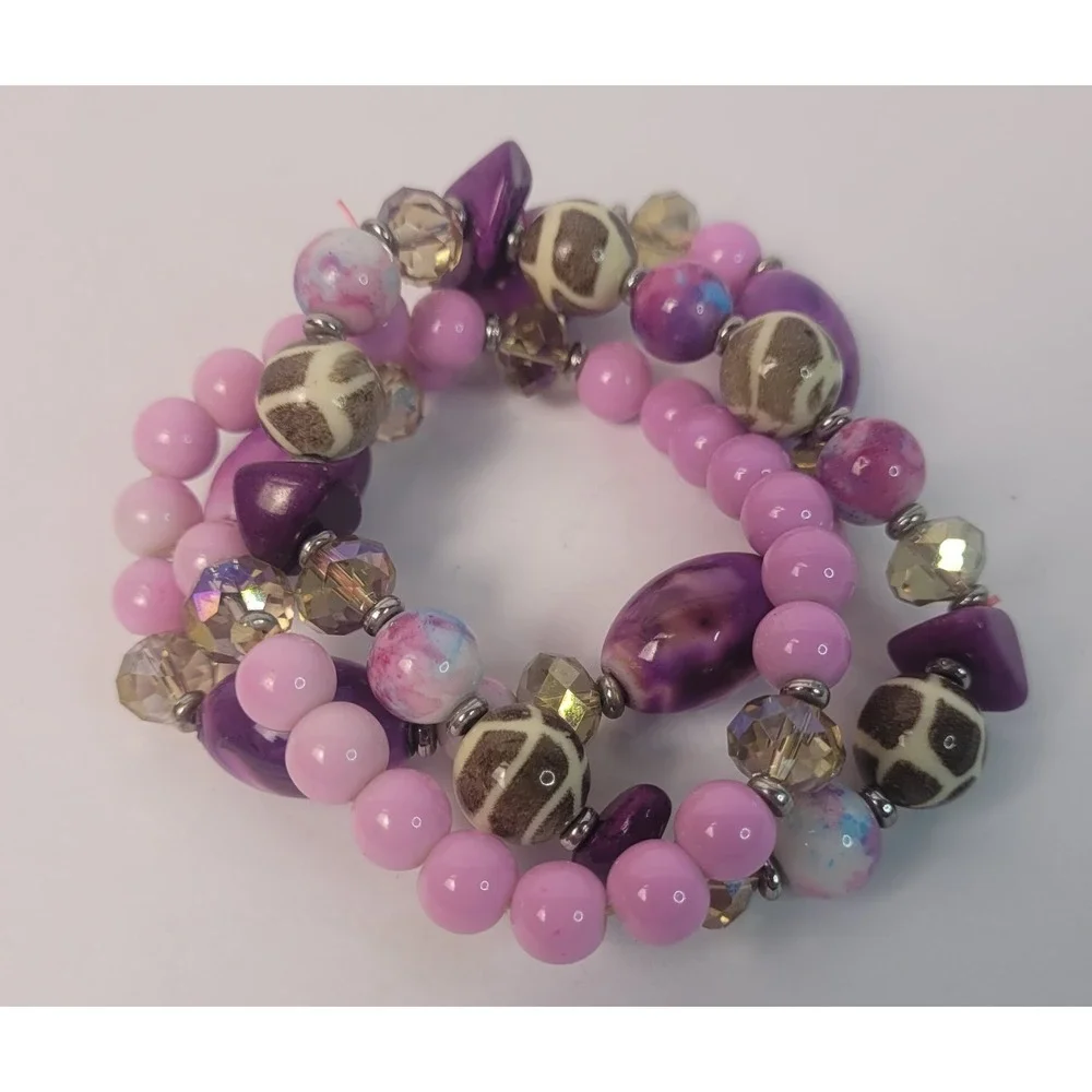 Pink Purple Beaded Stretch Bracelet Stack 3pc Boho Gold Tone
